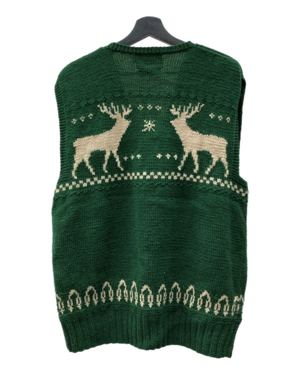 ダブルアールエル RRL 90s WOOL VEST ウール ベスト カウチン ボタン Vネック HAND KNIT トナカイ柄 三ツ星タグ Ralph Lauren ラルフローレン 緑 ベスト 総柄 グリーン Mサイズ 104MT-1747