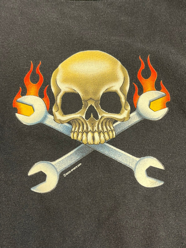 US US古着 00’s   スカルフレイム ドクロ モーターサイクル エンジン イーグル フレイム ファイヤーパターン 袖プリント 両面プリント VINTAGE ヴィンテージ - ロンT ブラック 101MT-4569