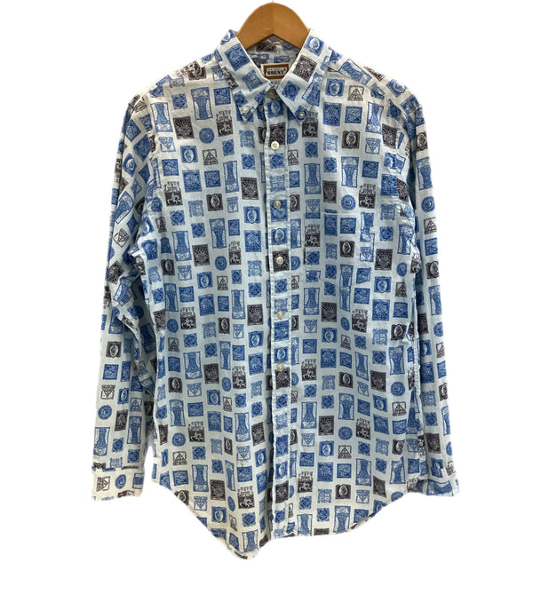 ヴィンテージ vintage 60's 60年代 GOLDEN BRENT ブレント 総柄 切手柄 stamp pattern 長袖シャツ ブルー Mサイズ 101MT-3943