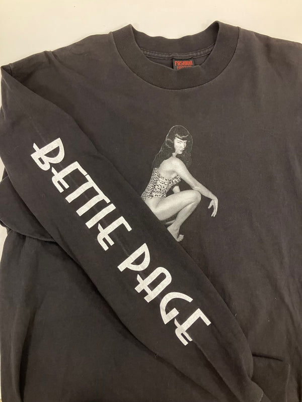 ファッション ヴィクティム FASHION VICTIM 90's 90年代 BETTY PAGE ベティーペイジ ピンナップガール 袖プリント ロンT VINTAGE ヴィンテージ ロンT ブラック Lサイズ 101MT-4460