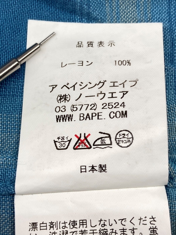 アベイシングエイプ A BATHING APE URSUS BAPE オンブレ チェック オープンカラー シャツ レーヨン 青 長袖シャツ チェック ブルー Lサイズ 104MT-2037