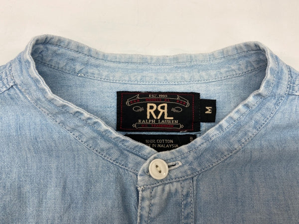 ダブルアールエル RRL 90s 三ツ星タグ SHIRT バンドカラー 猫目ボタン 胸ポケット ヴィンテージ VINTAGE ラルフローレン RALPH LAUREN コットン マレーシア製 ライトブルー 青 長袖シャツ 無地 ブルー Mサイズ 104MT-2026