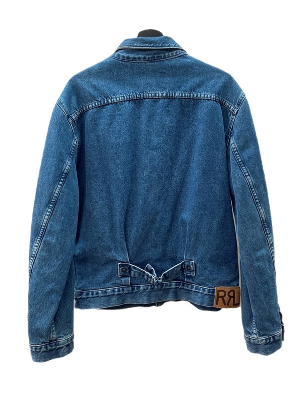 ダブルアールエル RRL 90s DENIM JACKET デニム ジャケット 三ツ星タグ USA製 シンチバック 裏地チェック Ralph Lauren 青 ジャケット ロゴ ブルー Sサイズ 104MT-1365