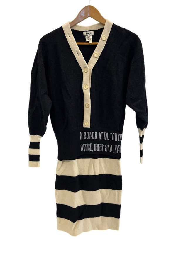 カンサイヤマモト KANSAI YAMAMOTO 山本寛斎 ヴィンテージ ニットワンピース ボーダー Vネック ドッキングデザイン 日本製 レトロ ワンピース ブラック Mサイズ 101LT-167
