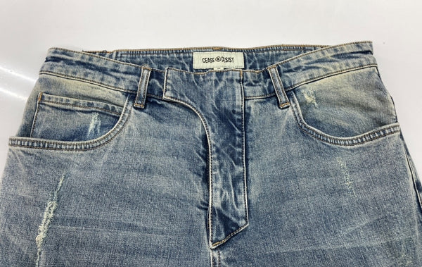 シーズアンドデジスト CEASE±DESIST RIBBED STACED DENIM リブ スタック デニム 青 ワンポイント デニム ブルー 34 104MB-331