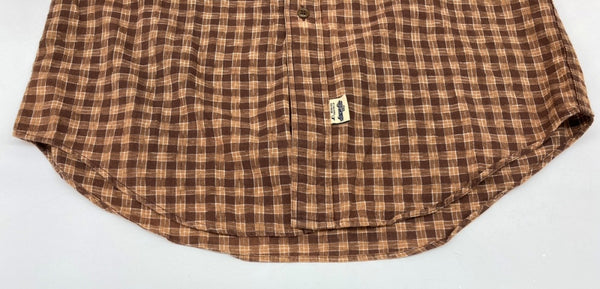 ダブルアールエル RRL 90s 三ツ星タグ SHIRT ステンカラー フロントボタン 胸ポケット ヴィンテージ VINTAGE ラルフローレン RALPH LAUREN コットン モーリシャス製 BROWN 茶色  長袖シャツ チェック ブラウン Sサイズ 104MT-2028