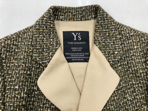 ワイズ Y's ヨウジヤマモト Yohji Yamamoto 3B ツイード テーラード TWEED TAILORED JACKET ウール シルク混 シングルブレステッド KHAKI GREEN 緑 BEIGE ベージュ YC-J59-552 ジャケット カーキ SIZE2 104LT-177