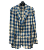 ダブルアールエル RRL 90s 90年代 三ツ星タグ 三角タグ リネン テーラードジャケット USA製 生成り 青  ジャケット チェック ブルー Sサイズ 104MT-2020