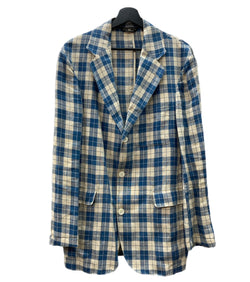 ダブルアールエル RRL 90s 90年代 三ツ星タグ 三角タグ リネン テーラードジャケット USA製 生成り 青  ジャケット チェック ブルー Sサイズ 104MT-2020