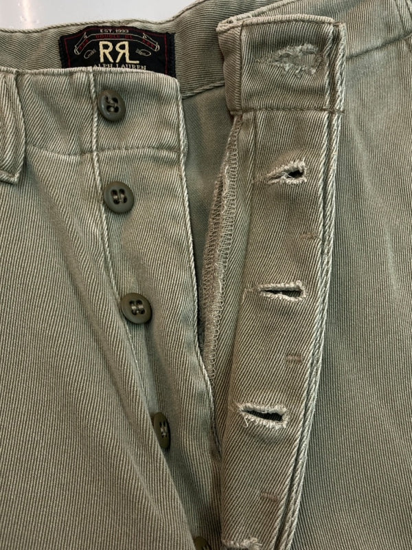 ダブルアールエル RRL 90s CARGO PANTS カーゴ パンツ ボタンフライ ワーク トラウザーズ 三ツ星タグ USA製 Ralph Lauren 緑 無地 カーゴパンツ カーキ 31×32 104MB-340