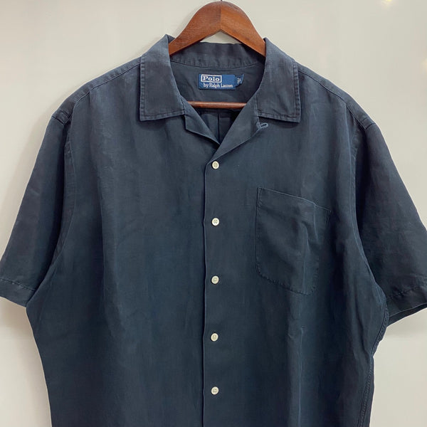 【曜日割引対象外】 ラルフローレン POLO by Ralph Lauren 半袖 オープンカラー リネンシャツ 半袖シャツ ブラック Lサイズ 201MT-4092 VB