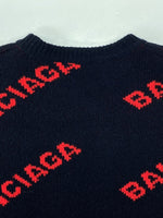 バレンシアガ BALENCIAGA 18SS ALLOVER LOGO CREWNECK KNIT オールオーバー ロゴ ニット ジャガード 紺 555279 セーター 総柄 ネイビー XSサイズ 104MT-634