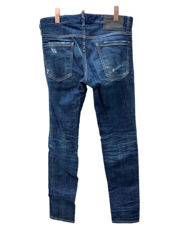 ディースクエアード DSQUARED2 22AW SLIM JEANS スリム ジーンズ デニム パンツ ダメージ加工 ボタンフライ 紺 ワンポイント S74LB1152 S30342 デニム ネイビー サイズ46 104MB-393