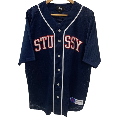 ステューシー STUSSY ベースボールシャツ 半袖シャツ ネイビー Lサイズ 201MT-3907