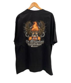 ハーレーダビッドソン Harley-Davidson モーターサイクル バイク スカル ドクロ フレイム ファイヤー ロゴ 両面プリント ポケット - Tシャツ ブラック 101MT-4533