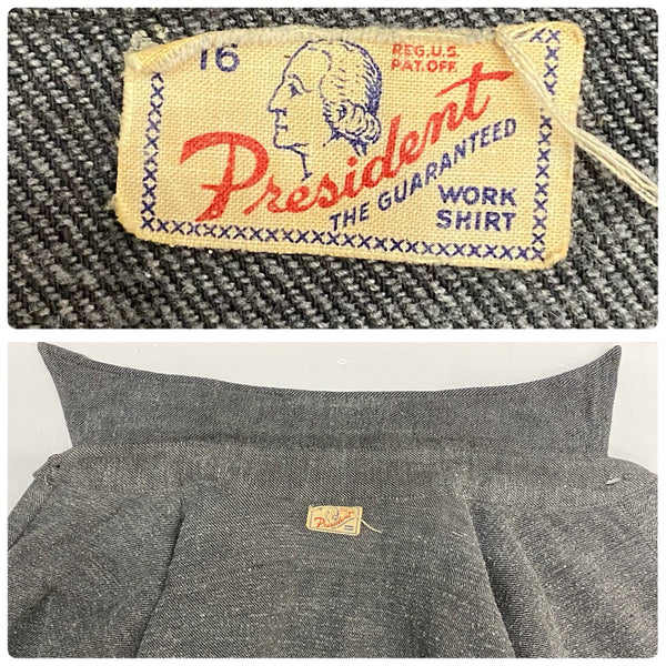 【曜日割引対象外】 ヴィンテージ vintage 40's President ワークシャツ ネルシャツ 長袖シャツ ブラック 16サイズ 201MT-4853 VB