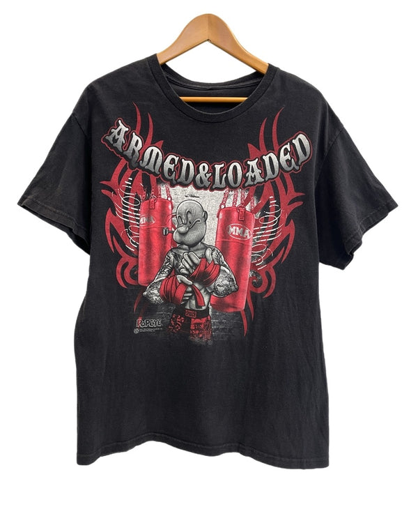US US古着 POPEYE ポパイ MMA Fighter Armed And Loaded キャラT 黒  Tシャツ ブラック 101MT-4836