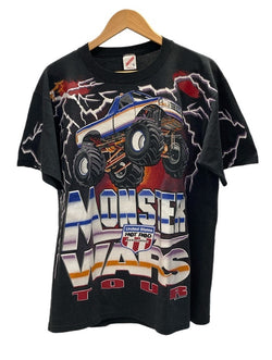 ヴィンテージ vintage 90s HOT ROD MONSTER WARS TOUR モンスター トラック ウォーズ モータースポーツ 袖シングル 総柄 US古着 Tシャツ ブラック Lサイズ 101MT-2971