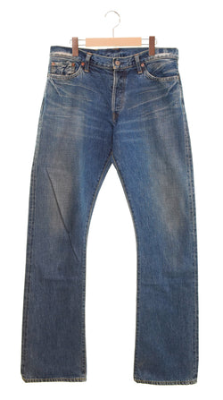 ダブルアールエル RRL ボタンフライ ストレートデニム 日本製 ダメージ加工 青耳 革パッチ デニム ブルー 32/34 103MB-586