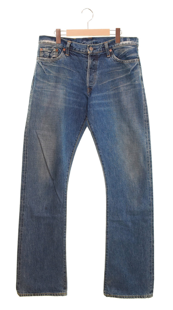 ダブルアールエル RRL ボタンフライ ストレートデニム 日本製 ダメージ加工 青耳 革パッチ デニム ブルー 32/34 103MB-586