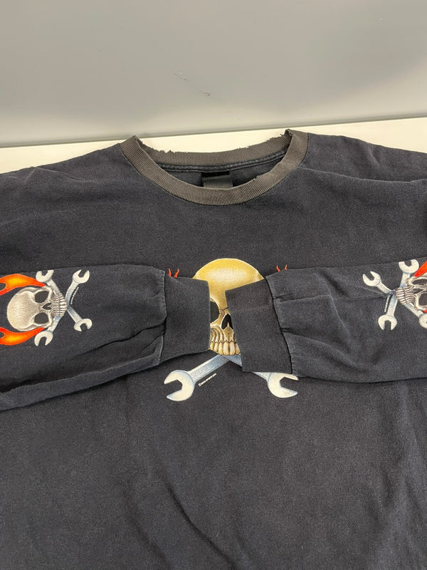US US古着 00’s   スカルフレイム ドクロ モーターサイクル エンジン イーグル フレイム ファイヤーパターン 袖プリント 両面プリント VINTAGE ヴィンテージ - ロンT ブラック 101MT-4569