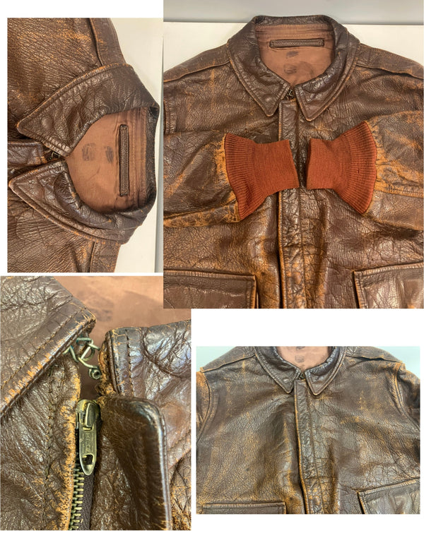 ミリタリー Military 40's 40年代 USAF US AIR FORCE A-2 フライトジャケット A2 赤リブ 実物 TALON ZIPPER コの字留め Vintage ヴィンテージ - ジャケット ブラウン 101MT-4363