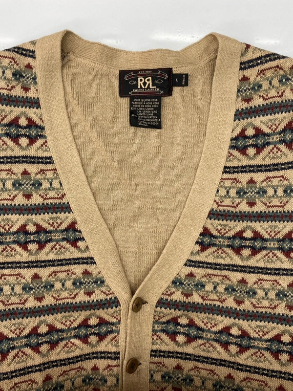 ダブルアールエル RRL 90s LOOSE KNIT VEST ニット ベスト アイル ノルディック Vネック レイヤード 三ツ星タグ Ralph Lauren 茶 ベスト 総柄 ブラウン Lサイズ 104MT-2070