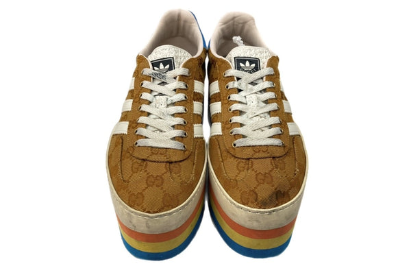 アディダス adidas × グッチ GUCCI 22SS ガゼル GAZELLE 707873 UWV20 ローカット 厚底 GG モノグラム GG柄 総柄 ベージュ系 HQ7085 レディース靴 スニーカー マルチカラー 25.5cm 104S-994