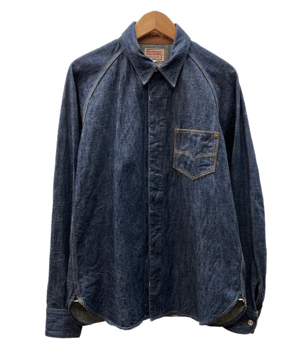 デラックスウエア DELUXEWARE 40s DENIM SHIRT 10.5oz デニムシャツ ワークシャツ ラグラン チンスト マチ付 紺 dew-7640 長袖シャツ 無地 ネイビー XLサイズ 104MT-731