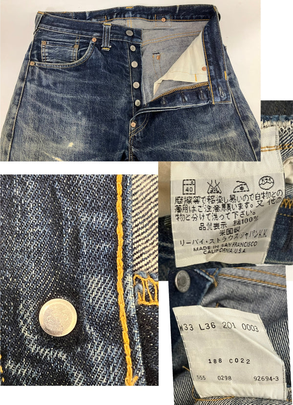 リーバイス Levi's 90's 90年代 201XX ボタン裏555刻印 赤耳 BIGE 1937モデル バレンシア製 アメリカ製 MADE IN USA VINTAGE ヴィンテージ 201-0003 デニム ブルー W33 L36 101MB-749