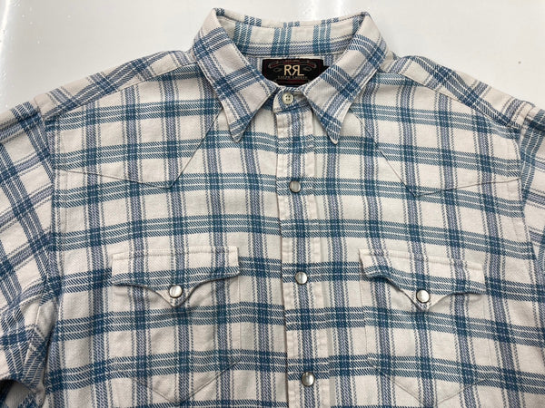 ダブルアールエル RRL 90s 90年代 三ツ星タグ ヘビーネル ネルシャツ ウエスタンシャツ 白 青 長袖シャツ チェック ホワイト Mサイズ 104MT-2015