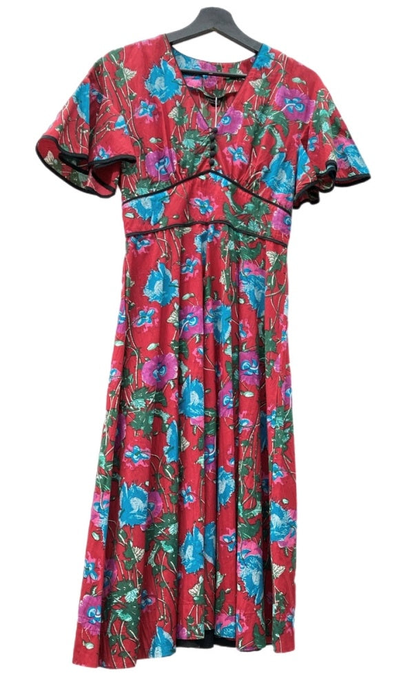 ヴェルニカ Velnica Vネック 花柄 マキシ丈 フレアスリーブ ハイウエスト Aライン コットン タグ付き インド製 MADE IN INDIA RED 赤 20016 ワンピース 総柄 レッド 104LT-202