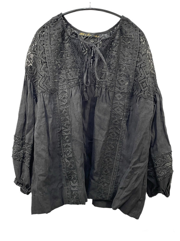 クロスアンドクロス Cloth&Cross リネン レース ブラウス 半袖カットソー ブラック 601LT-15