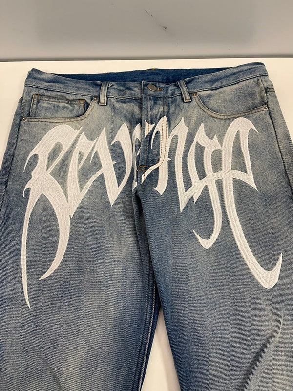 リベンジ REVENGE デニムパンツ インディゴ 刺繍ロゴ y2k 青 デニム ブルー Sサイズ 101MB-760