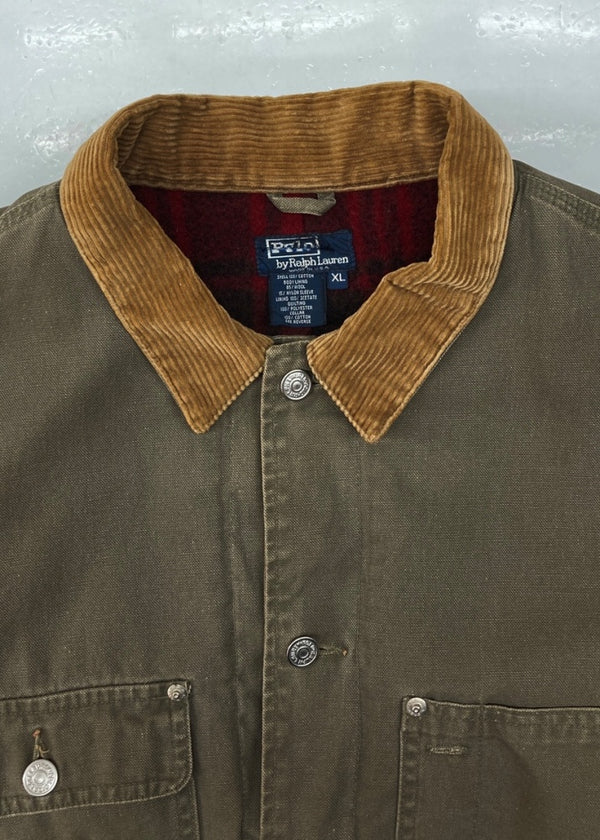 ラルフローレン RalphLauren 90s DUCK JACKET ダック ジャケット ワーク 革パッチ 襟コーデュロイ 裏地ブランケット USA製 アウター 緑 ジャケット ロゴ カーキ XLサイズ 104MT-1380