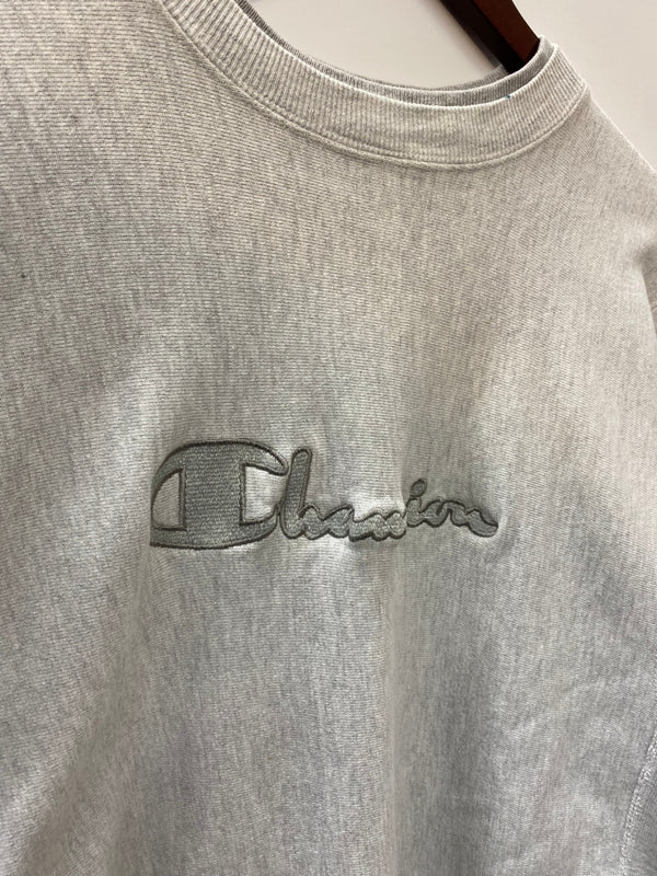 【曜日割引対象外】 チャンピオン Champion 90's 前期 USA製 スクリプト ビッグロゴ刺繍 レイヤードネック スウェット グレー XXLサイズ 201MT-2952 VB