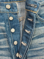 ダブルアールエル RRL DENIM PANTS デニム パンツ ボタンフライ ダメージ加工 ジーパン ジーンズ USA製 Ralph Lauren インディゴ 青 ロゴ R41RB07 デニム ブルー サイズ 33 104MB-214