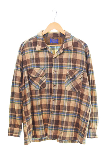 ペンドルトン PENDLETON 70s 70's 70年代 USA製 ウールチェックシャツ 開襟シャツ 長袖シャツ ブラウン LLサイズ 103MT-2238