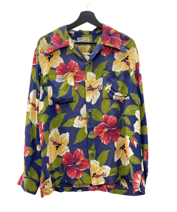 ヴィンテージ vintage 50s 50年代 CAMERON of CALIFORNIA ALOHA SHIRT アロハシャツ 長袖 オープンカラー 開襟 フェード ナス紺 長袖シャツ 総柄 マルチカラー Lサイズ 104MT-1827