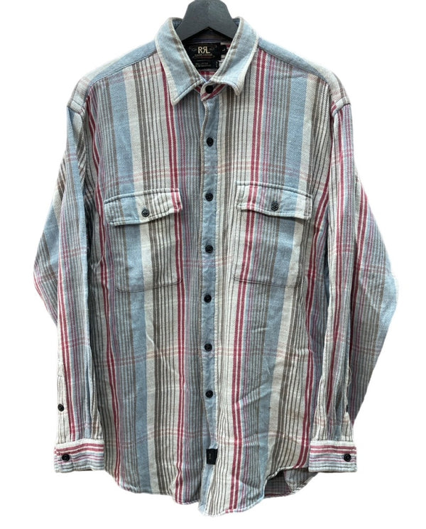 ダブルアールエル RRL 90s 三ツ星タグ ヘビーネルシャツ SHIRT フランネル ステンカラー フロントボタン ヴィンテージ VINTAGE ラルフローレン RALPH LAUREN コットン シンガポール製 ブルー系 長袖シャツ チェック マルチカラー Lサイズ 104MT-2039