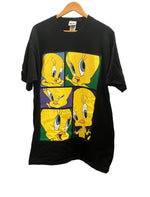 US US古着 90s 90's LOONEY TUNES Tweetyルーニーチューンズ トゥイーティー 袖裾シングルステッチ ONE SIZE Tシャツ ブラック フリーサイズ 101MT-2849