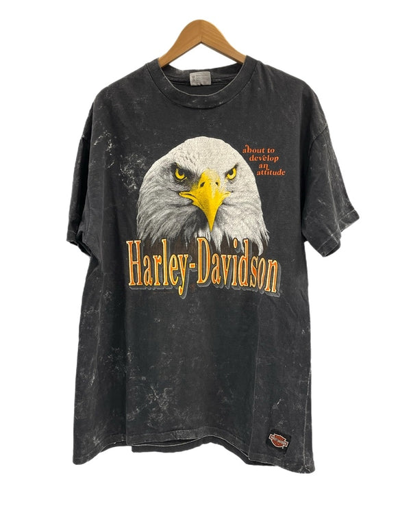 ハーレーダビッドソン Harley-Davidson 90s USA製 EAGLE GRAPHIC 鷲 EAGLE 両面プリント 半袖カットソー 袖シングル 墨黒 XXL Tシャツ ブラック 3Lサイズ 101MT-4927