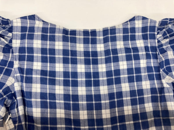 ラルフローレン RalphLauren ポロ POLO 現行タグ プラッド コットン Vネック ドレス Aライン アンクル丈 パフドスリーブ インド製 BLUE 青 211845958001 ワンピース ギンガムチェック ブルー SIZE0 104LT-194