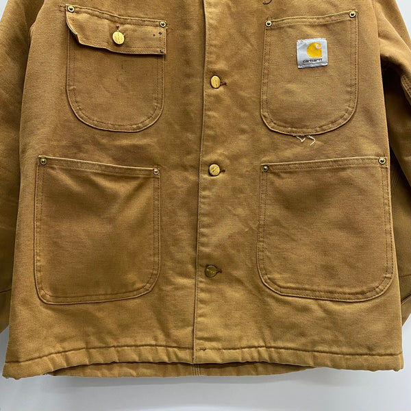 【曜日割引対象外】 カーハート Carhartt 80's ミシガンチョアコート フード付き ダックカバーオール USA製 ジャケット ベージュ 38サイズ 201MT-3737 VB