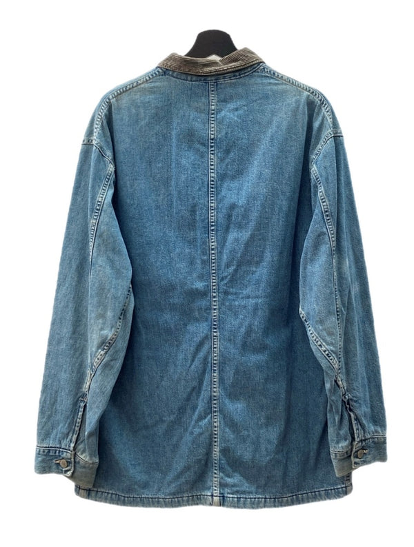 ダブルアールエル RRL 90s COVERALL JACKET カバーオール ジャケット 三ツ星タグ 裏地オンブレチェック コーデュロイ USA製 Ralph Lauren 青 ジャケット 無地 ブルー Mサイズ 104MT-1350