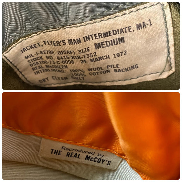 【曜日割引対象外】 リアルマッコイズ THE REAL McCOY'S REAL McQUEEN MA-1 フライト ジャケット カーキ Mサイズ 201MT-3433 VB
