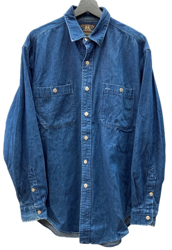 ダブルアールエル RRL 三ツ星タグ DENIM SHIRT デニム ステンカラー フロントボタン メタルボタン ヴィンテージ VINTAGE ラルフローレン RALPH LAUREN フィリピン製 INDIGO インディゴ BLUE 青 長袖シャツ 無地 ブルー Mサイズ 104MT-1954
