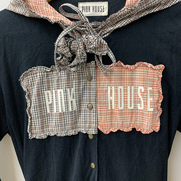 ピンクハウス PINK HOUSE ロングワンピース リボン ワッペン フード付き ギンガムチェック柄 ワンピース ブラック 201LT-437