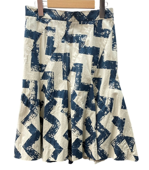 ヴィヴィアンウエストウッド Vivienne Westwood レッドレーベル RED LABEL フレアスカート ミモレ丈 パンク 柄 ギザギザ 日本製 BEIGE 紺 NAVY SIZE38 357-01-26020 スカート 幾何柄 ベージュ 104LB-25