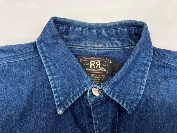 ダブルアールエル RRL 三ツ星タグ DENIM SHIRT デニム ステンカラー フロントボタン メタルボタン ヴィンテージ VINTAGE ラルフローレン RALPH LAUREN フィリピン製 INDIGO インディゴ BLUE 青 長袖シャツ 無地 ブルー Mサイズ 104MT-1954